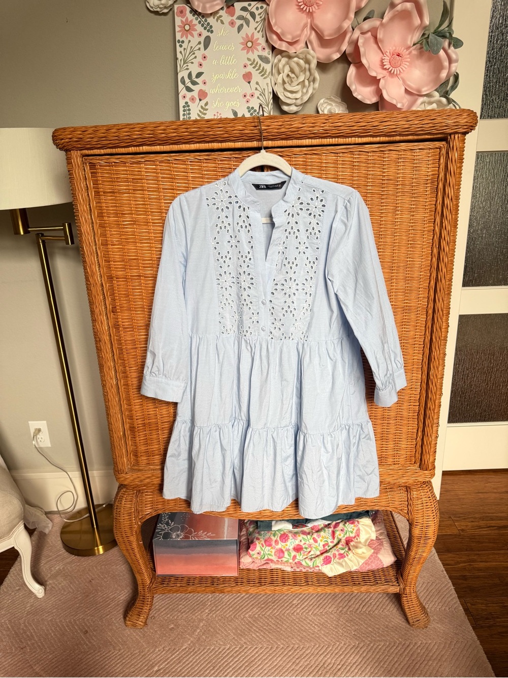 Zara Light Blue Eyelet Tiered Mini Dress - Picture 2 of 6